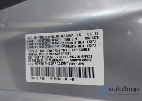 2011 Honda Odyssey Ex из США, поврежденный, VIN 5FNRL5H47BB044357